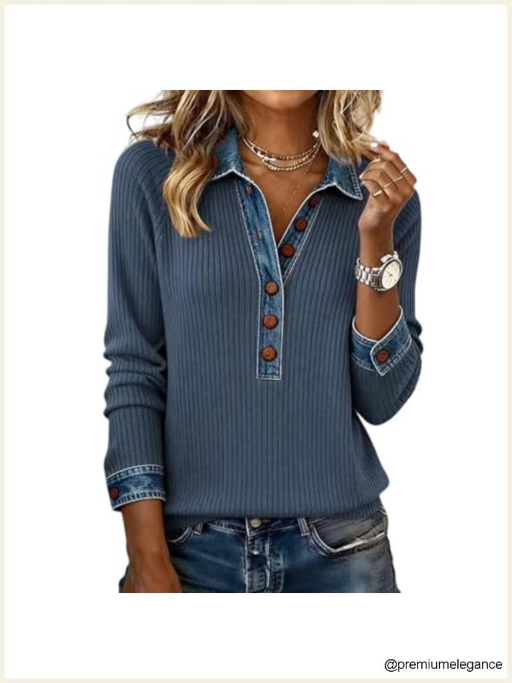 Oversized Polo Sweater Long Sleeve Button Up Denim Knit Pullover Tunic Tops